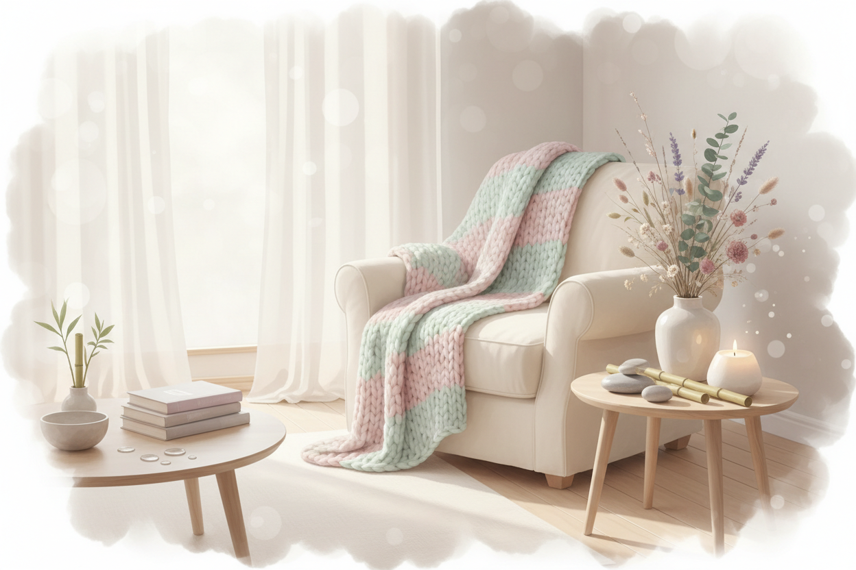 Bitte erstelle mir ein wunderschönes, nachhaltiges, natürliches Bild für mein Bundle aus einem Kennenlernen-Coaching und einem Wohlfühl-Coaching online für Mütter. Bitte mit weichen, sanften, Pastellfarben, harmonisch und Feng-Shui-orientiert. Kuschelig und leicht.