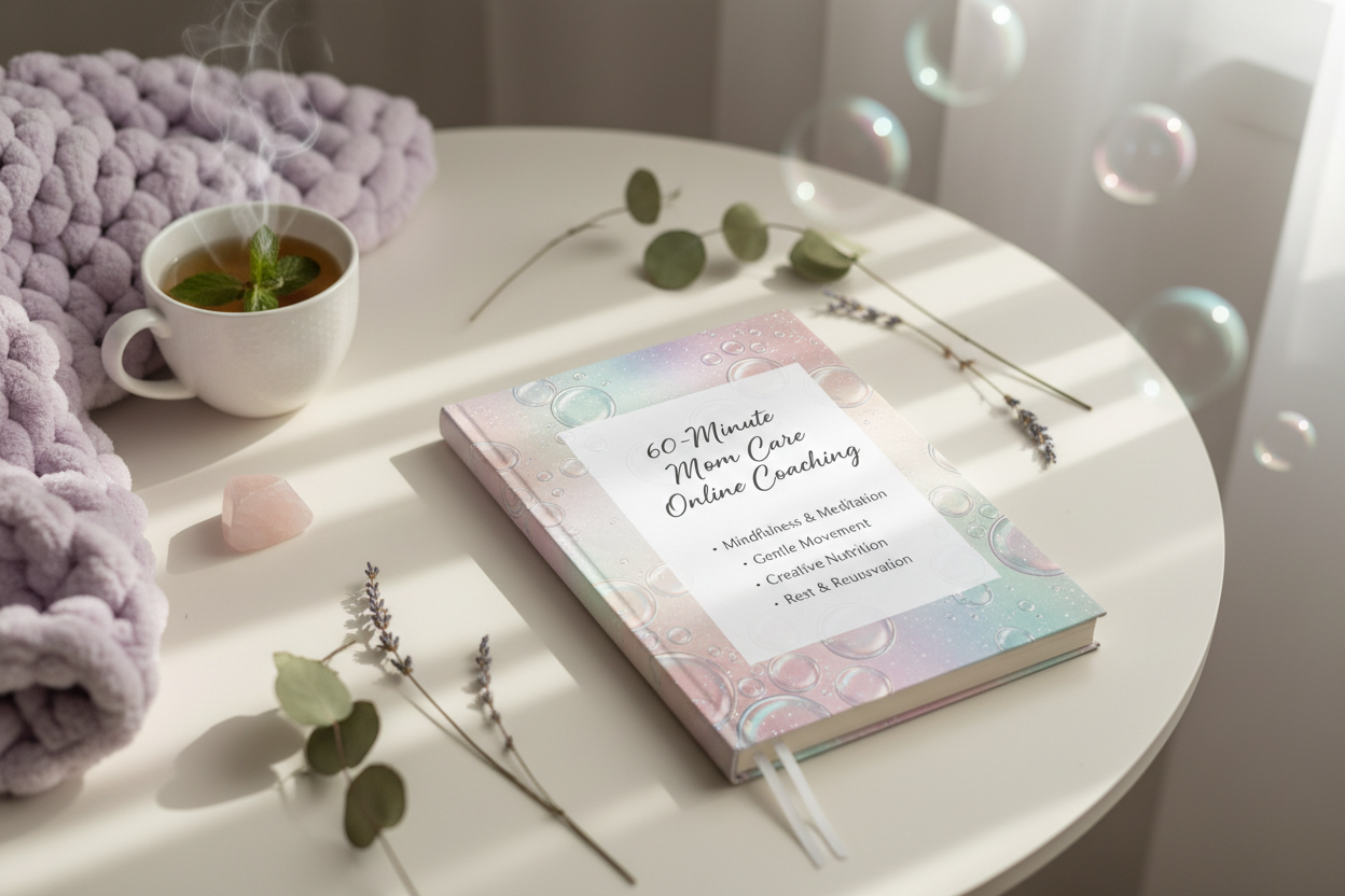 Bitte erstelle mit ein wunderschönes, sanftes und harmonsches Bild, mit sanftem Licht und pastellfarben zu meinem Bundle mit dem Seifenblasen Notizbuch und meinem 60 Minuten Mom Care Online Coaching 