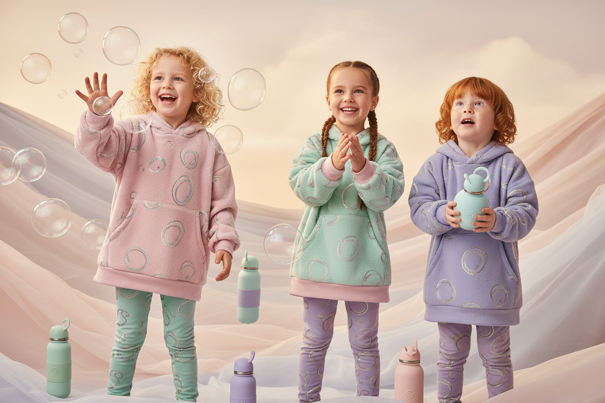 Bitte verspielter und mit Kindern in Seifenblasen, Leggings mit Seifenblasen-Hoodies und sanften, pastelligen Trinkflaschen?