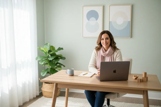 Coaching online, Mutter sympathisch, lächeln, sanfte Pastellfarben, geborgen, entspannt, passt zu Velano.