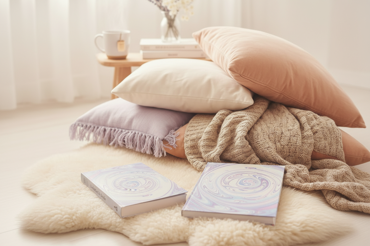 Die Bücher bitte hinlegen, pastellfarbenes sanft, weiches Licht, wunderschönes Wohnambiente, Kuschelecke.