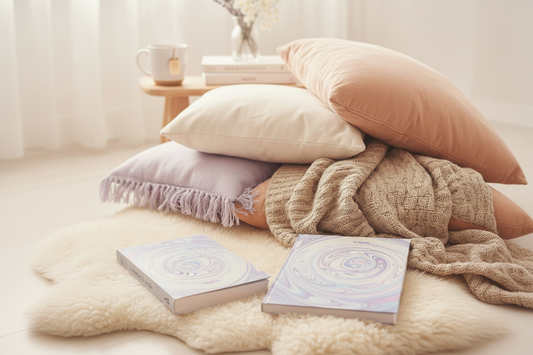 Die Bücher bitte hinlegen, pastellfarbenes sanft, weiches Licht, wunderschönes Wohnambiente, Kuschelecke.