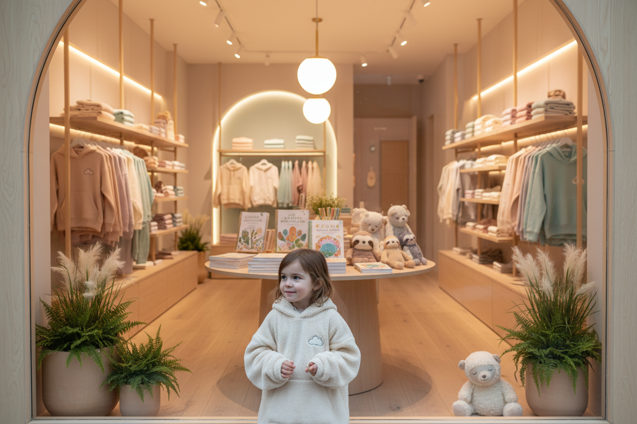 Ein Kind in einem kuscheligen, weichen Hoodie schaut auf den liebevoll und nachhaltig gestalteten Velano Shop mit Kuschelmode zum Wohlfühlen, Hoodies, Jogginganzügen, Mal - und Meditationsbüchern, weichen Kuscheltieren und  sanften, hellen Holz in weichen, sanften Pastellfarben und hochwertigen Darstellungen. Es ist liebevoll und harmonisch, das Kind ist geboren und sicher und lächelt zufrieden.