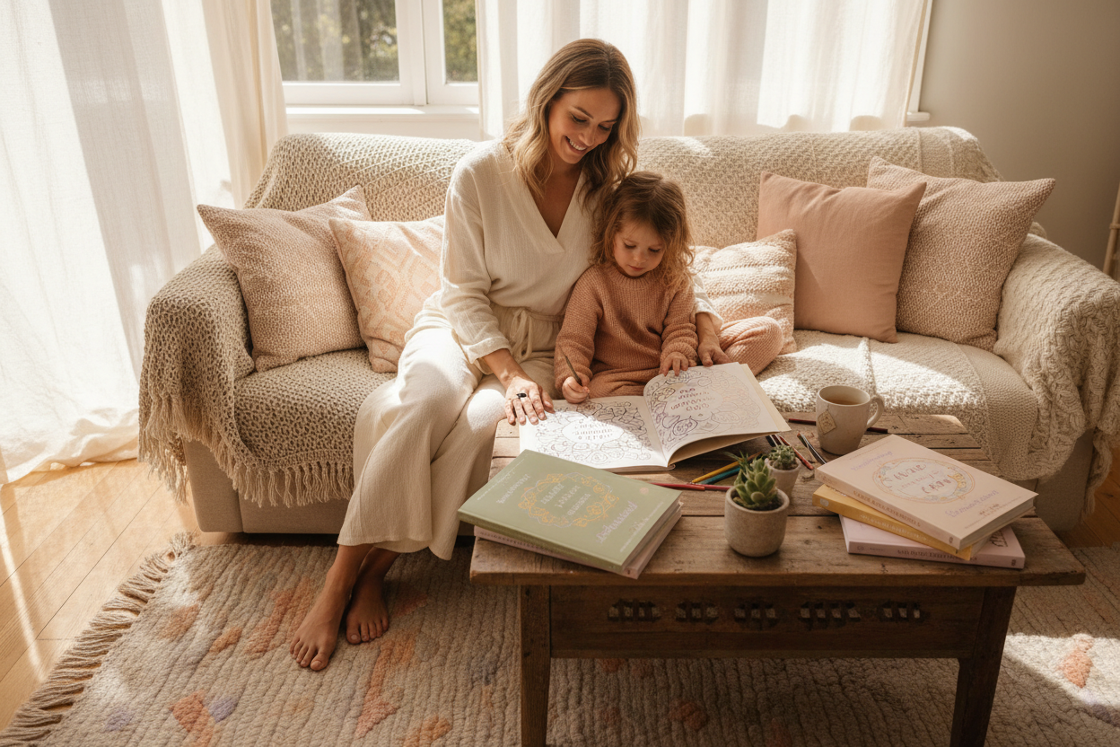 Nachhaltige Kuschelmode mit Mal - und Meditationsbüchern von Lulu mit Selbsterfahrung, Entspannung und Empowerment für Mutter und Kind, Geborgenheit, Sicherheit, Liebe und Glück, bitte in warmen, sanften Pastellfarben und einen harmonischen lebens un d wohngefühl