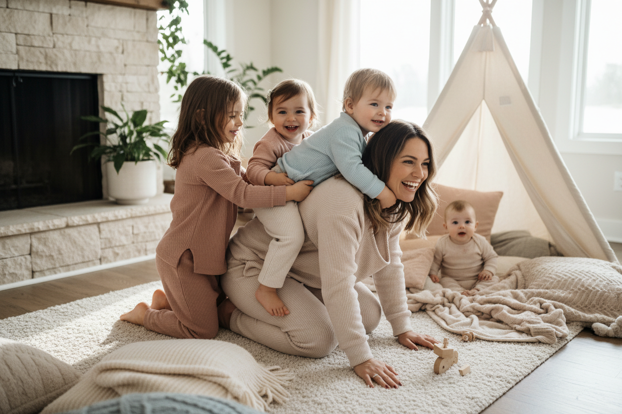 Spielende Kinder mit Mutter, liebevoll, locker und glücklich mit Kuschelmode von Velano Shop. weich sanft und warm, wellness und geborgenheit spielen , malene 